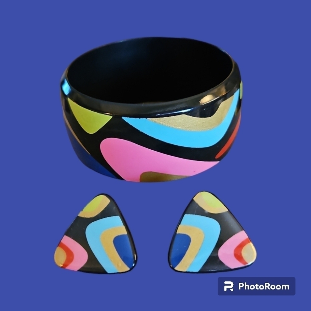 VTG AVON 1988 Color Collage Geometric Acrylic Bangle Bracelet Earrings Set
